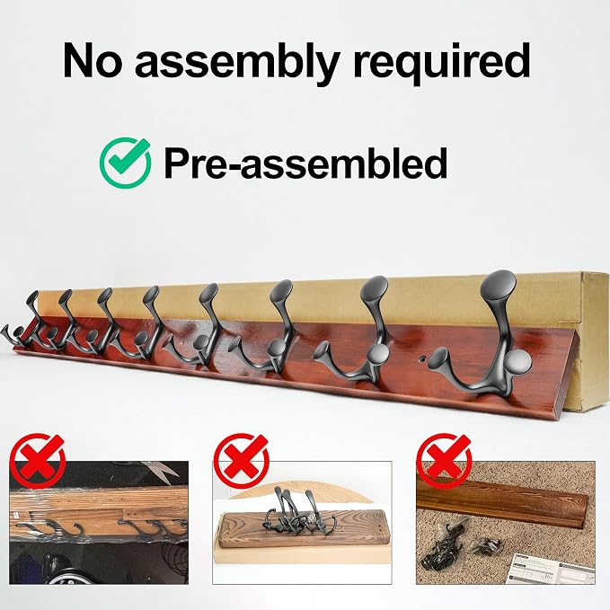 WEBI Coat Rack Wall Mount,43" Solid Wood Coat Hooks Wall Mounted Coat Hanger,16" Hole to Hole,Heavy Duty Hook Rack Rail,8 Triple Hooks for Hanging Coats,Jacket,Clothes,Hat,Backpack,Cherry
