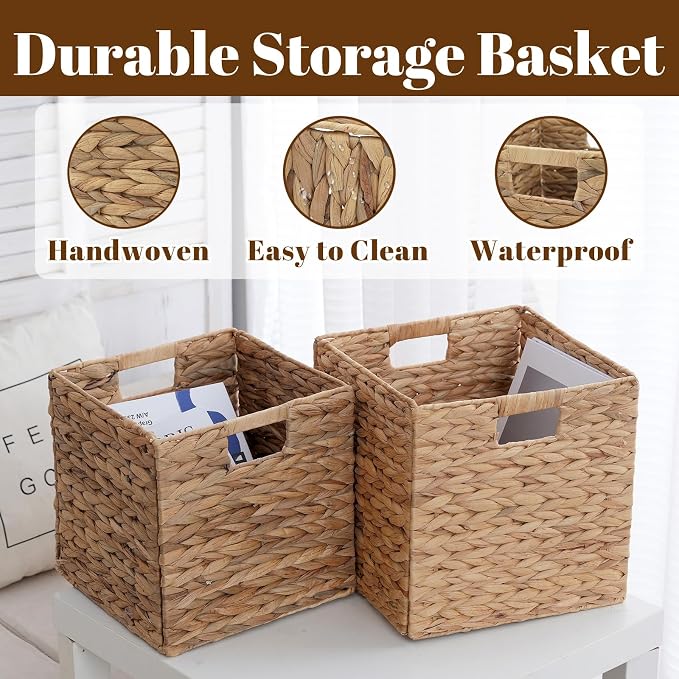 Wicker Storage Cubes, Foldable Storage Bins, 12x12x12 Inch, 2-Pack | 2-pack 12x12x12" foldable water hyacinth wicker cubes; collapsible storage bins for shelves, closets and home organization.