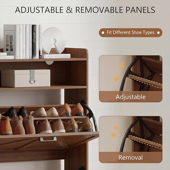 Shoe Cabinet with 2 Flip Drawers, Freestanding Hidden Shoe Storage Organizer for Entryway, Narrow Slim Shoe Rack Cabinet with Open Storage & Hooks for Front Door Entrance, Living Room, Hallway, Walnut