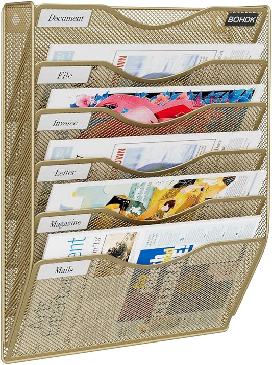 BOHDK Wall File Organizer, Hanging File Folder Mail Organizer, Vertical Mesh Metal Door/Wall Mount Hanging File Holder, Paper Document Magazine Rack with Hooks for Home Office (6 Tier Gold)