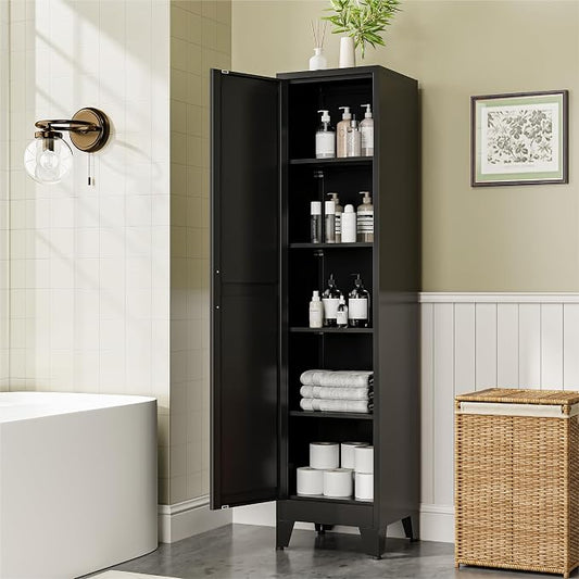 COFaR 67" Metal Pantry Cabinet, Black Storage Cabinet with Magnetic Door & 4 Adjustable Shelves, Slim Freestanding Cupboard for Office, Kitchen, Bathroom
