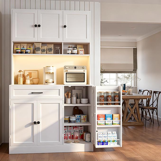 FJTJBSI 72" Kitchen Pantry Cabinet with LED Light and Charging Station Tall Pantry Storage Cabinet with Adjustable Shelves and Door Shelves Modern Kitchen Hutch with Microwave Stand and Countertop