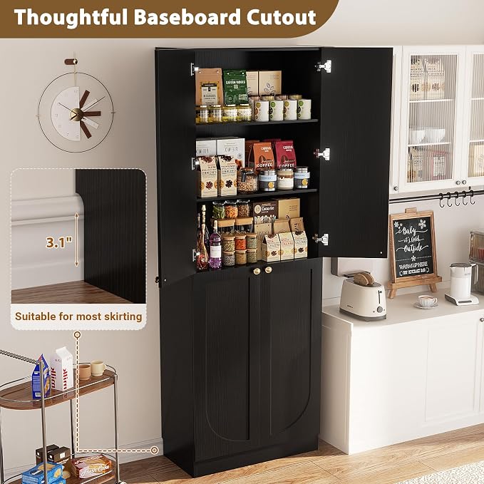 Cyclysio 80" Storage Cabinet, Tall Arched Bookcase with 4 Soft Close Doors, 6-Tier Wooden Pantry with Adjustable Shelves, Seamless Fit Wall for Home Office, Living Room, Kitchen (Black)