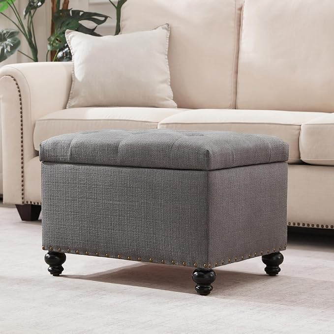 Zihanhome Small Ottoman with Storage, Upholstered Button Tufted Ottoman Foot Rest, Foot Stools, 24" Rectangle Bench with Storage for Living Room, Bedroom, Corners, Dorms and Apartments (Grey)