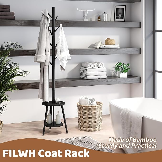 Freestanding Coat Rack with Umbrella Organizer Tray Bamboo Coat Tree Rack with 8 Hook Stand for Clothes Bag Hats Entryway Hanger Stand(Black)