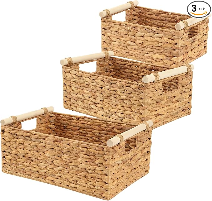 Woven Storage Baskets, Wicker Shelf Baskets, 3-Pack, 3 Sizes | 3-piece rectangular woven basket set in small, medium and large sizes; natural wicker organizers for shelves and cabinets.