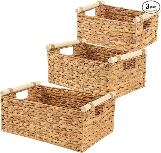 Woven Storage Baskets, Wicker Shelf Baskets, 3-Pack, 3 Sizes | 3-piece rectangular woven basket set in small, medium and large sizes; natural wicker organizers for shelves and cabinets.