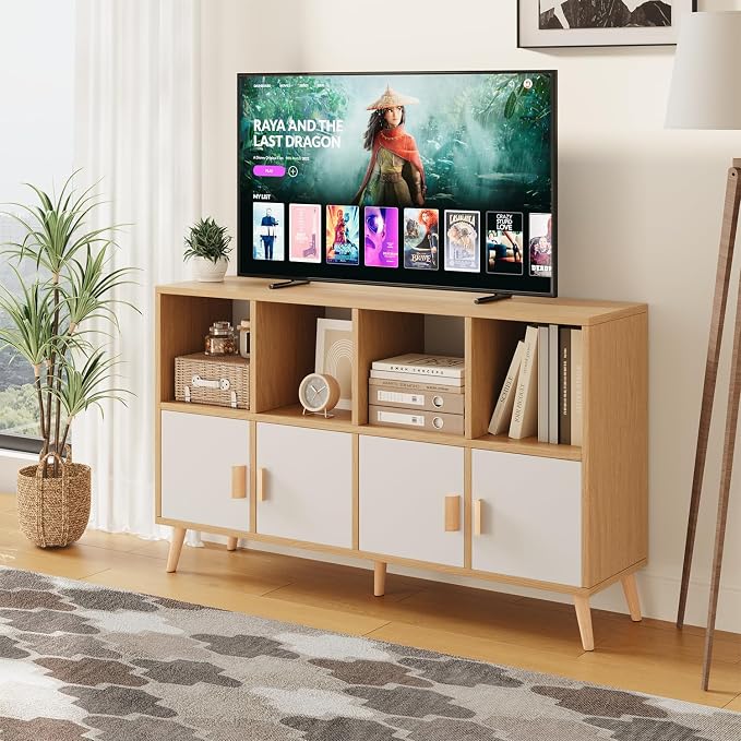 8-Cube Storage Organizer with Doors & 5 Solid Wood Legs, Mid-Century Modern Bookshelf with Seamless Top, Horizontal Cubby Toy Storage for Kids, Sideboard Media Console fits 11" Bins, Natural