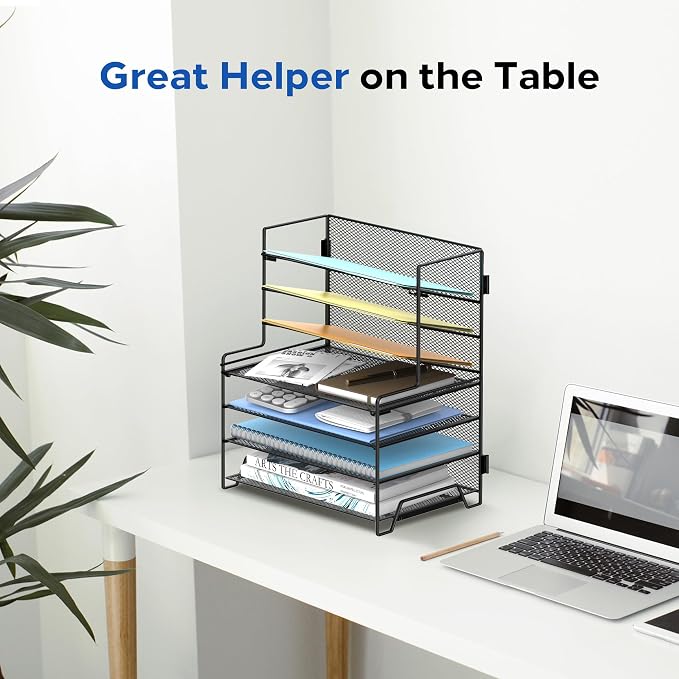 7 Tier Desk File Organizer with Letter Trays and File Holders Black | 7 Tier Metal Mesh Paper Organizer for Desk with Letter Trays and File Holders for Papers, Folders and Office Supplies