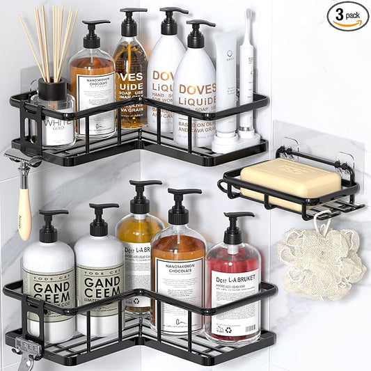 YASONIC Corner Shower Caddy Adhesive, 100% Rustproof Shower Organizer with Soap Holder, No Drill Shower Shelf for Inside Shower, Wall-Mounted Shower Storage for Homes (3 Pack, Black)