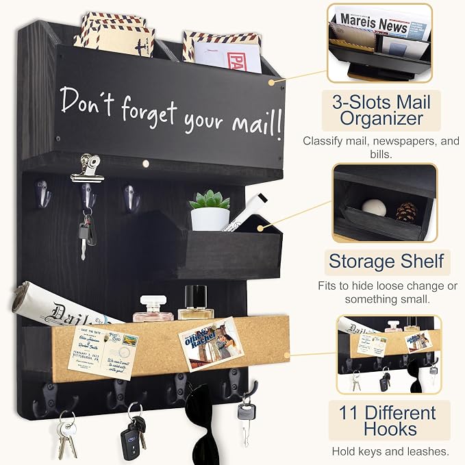 Mail Organizer Wall Mount，Key Holder Mail and Key Organizer for Wall with Shelf, Chalkboard, Corkboard, Home Decor for Room Office Entryway(Midnight Black)
