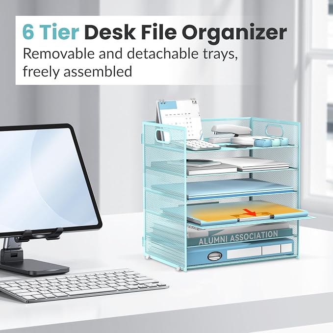 Daltack 6-Tier Paper Organizer for Desk with Handle, Blue | Sturdy Metal Mesh Organizer with Movable Middle Trays and a Carry Handle for Papers, Folders and Office Supplies