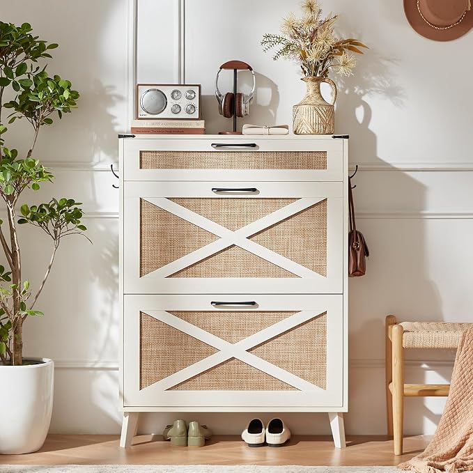 LEYAOYAO Shoe Cabinet Storage for Entryway with 2 Flip Drawers Rack Narrow Organizer Slim Hidden Wood Shoe Cabinet Furniture Off White