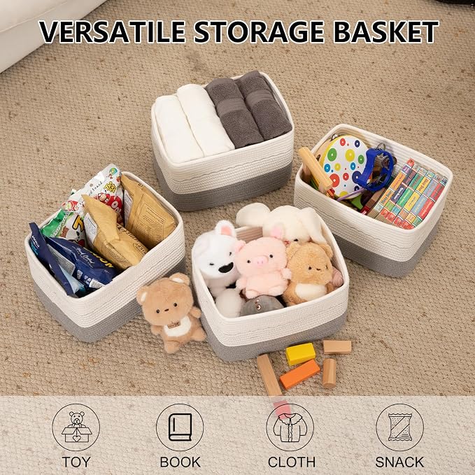 OIASKET 4 Pack Storage Baskets for Organizing, 13"X9"X7.87", Decorative Cotton Rope Baskets for Shelves, Small Woven Basket for Toys, Books and Towels, Grey & White