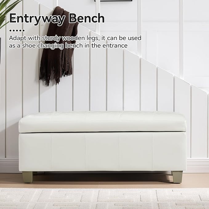 WUTUTUEE 41" Faux Leather Storage Ottoman, Stitch Tufted Rectangle Upholstered End of Bed Storage Bench, Entryway Large Couch Ottoman with Wooden Legs,White