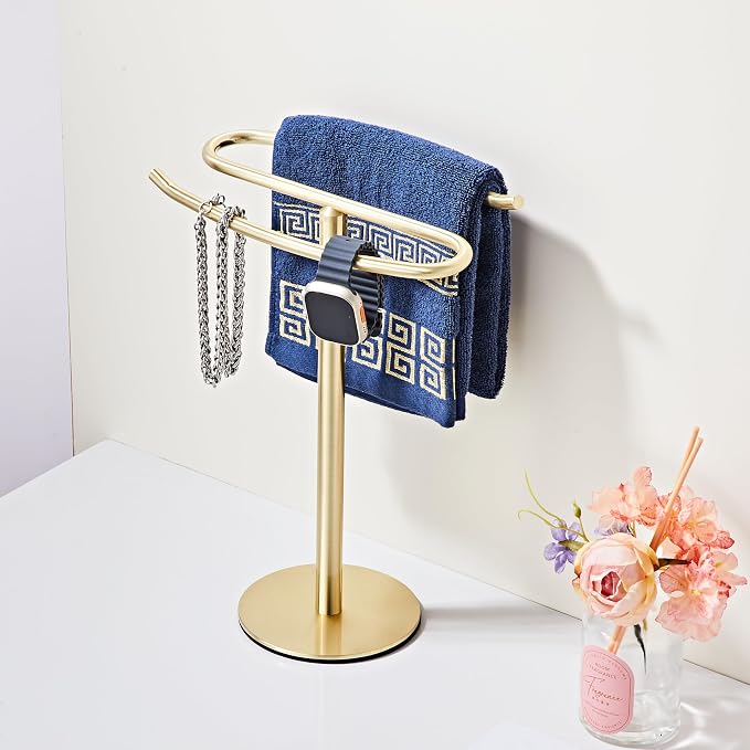 Brusehd Light Gold Hand Towel Holder Stand,13 Inch Free-Standing Towel Rack, SUS304 Stainless Steel Towel Bar Rack Stand, Tower Bar for Bathroom Kitchen Vanity Countertop