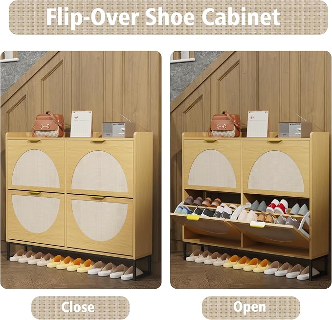 KIGOTY Narrow Shoe Storage Cabinet, Shoe Cabinet with 4 Flip Drawers, Freestanding Shoe Organizer with Legs for Entryway, Slim Shoe Rack Cabinet for Enterway (Rattan Oak, 4 Flip Drawer)