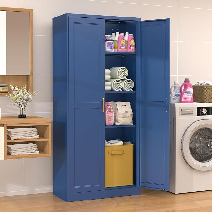 71" Tall Blue Metal Storage Cabinet with Doors, Heavy Duty | Freestanding Steel Kitchen Pantry Cabinet, 4 Adjustable Shelves (180 Lbs Load), Tall Cabinets for Home, Office and Garage
