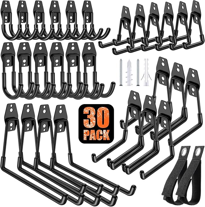 MKRUI 30-Pack Garage Hooks for Storage & Hanging Items, Save Space | Hangs Bikes, Ladders, Ropes, Hoses, Tools; for Garage, Warehouse, Shop, Shed, Yard