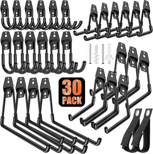 MKRUI 30-Pack Garage Hooks for Storage & Hanging Items, Save Space | Hangs Bikes, Ladders, Ropes, Hoses, Tools; for Garage, Warehouse, Shop, Shed, Yard