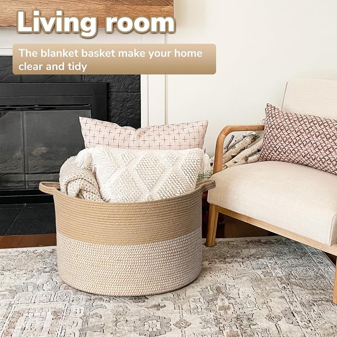 Goodpick Large Wicker Basket for Blankets, Baby Toy Storage Basket, 85L | 21.7 x 21.7 x 13.8 In Baby Storage Basket for Nursery, Blanket Basket for Living Room, Woven Basket for Towels, White & Jute