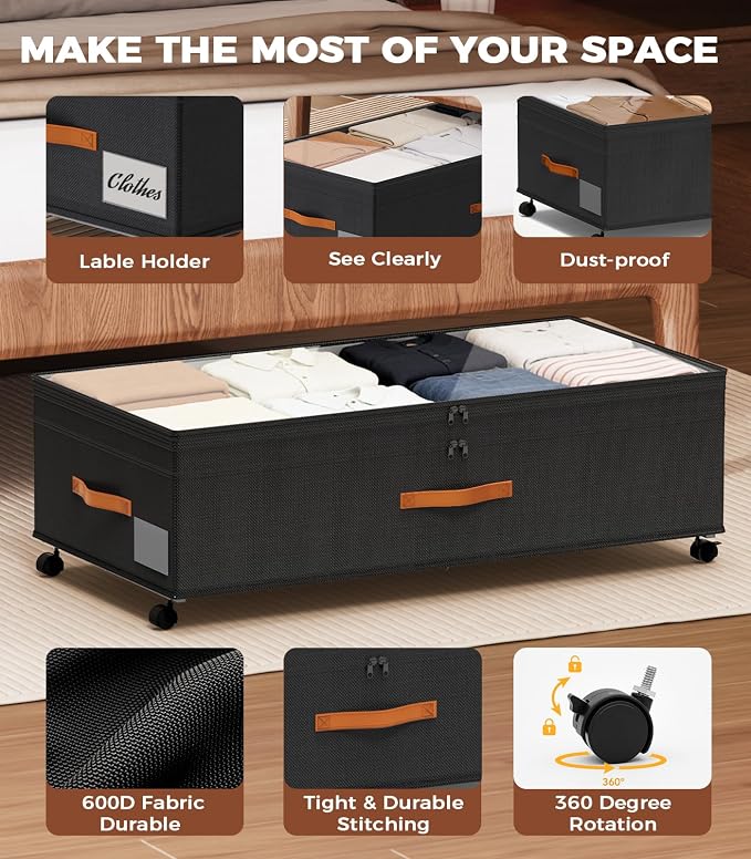 Under Bed Storage with Wheels, 35.5 inches Underbed Storage Large Capacity Under Bed Rolling Containers, 2 Pack Under the Bed Storage for Clothes, Shoes, Blankets (Deep Black)