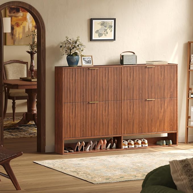 Hootata 47.2''W Walnut Shoe Storage Cabinet for Entryway with 4 Flip Drawers, Fluted Slim Shoe Cabinet, Free Standing Wooden Shoes Organizer for Foyer, Hallway