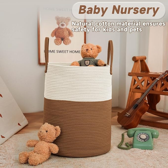 JMvicyroam 100L Cotton Rope Laundry Basket Hamper, White and Brown | Collapsible laundry basket, reinforced handles, freestanding, machine washable, holds 3-5 thick blankets, clothes or toys