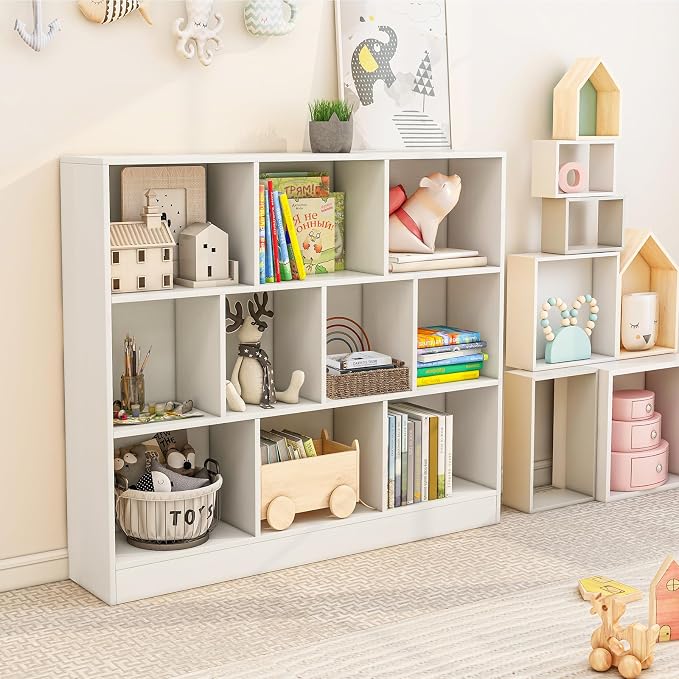 Giantex 10 Cube Bookcase, 4-Tier Freestanding Bookshelf w/ 10 Open Compartments, 2 Anti-Tipping Kits, Modern Display Cabinet, 41" Wood Cubby Storage Organizer for Living Room, Bedroom, White