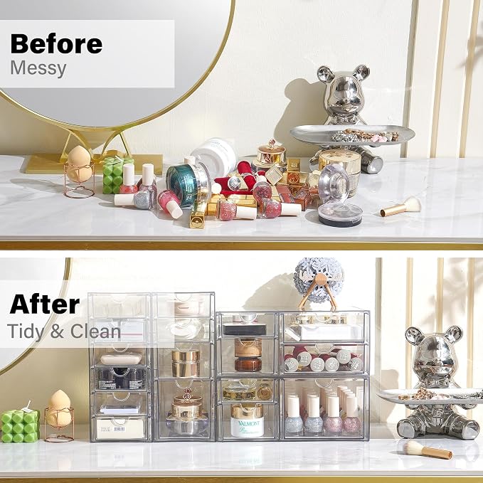 Prsildan 17 Drawers Teacher Toolbox Office Supply Organizer, Set of 4 | Clear Acrylic, Pull Out, Craft Desk Art Supply Accessories Vanity Countertop Bathroom Kitchen Cabinet Makeup Storage