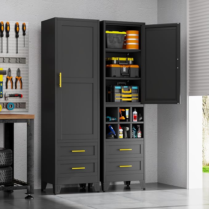 Tall Metal Narrow Storage Cabinet 67" H with 2 Drawer, Black Pantry Cabinets with 3 Adjustable Shelves and Door,Tall Bathroom Cabinet for Kitchen, Home Office, Living Room, Dining Room