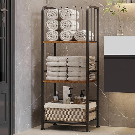 3-Tier Freestanding Towel Racks for Bathroom, Towel Rack Stand | Detachable M-shaped Dividers for Bath Towel Storage Premium Iron & Wood Holder Crafted for Bathroom Organization