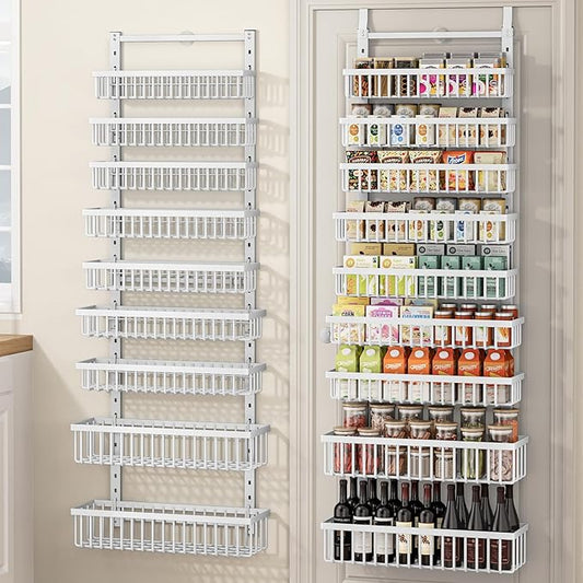 POKIPO 9 Tier Over The Door Pantry Organizer, 2 in 1 Wall Mount or Hanging Spice Rack with Adjustable Deep Basket, Heavy-Duty Seasoning Organizer and Storage for Kitchen Cabinet Closet Bathroom