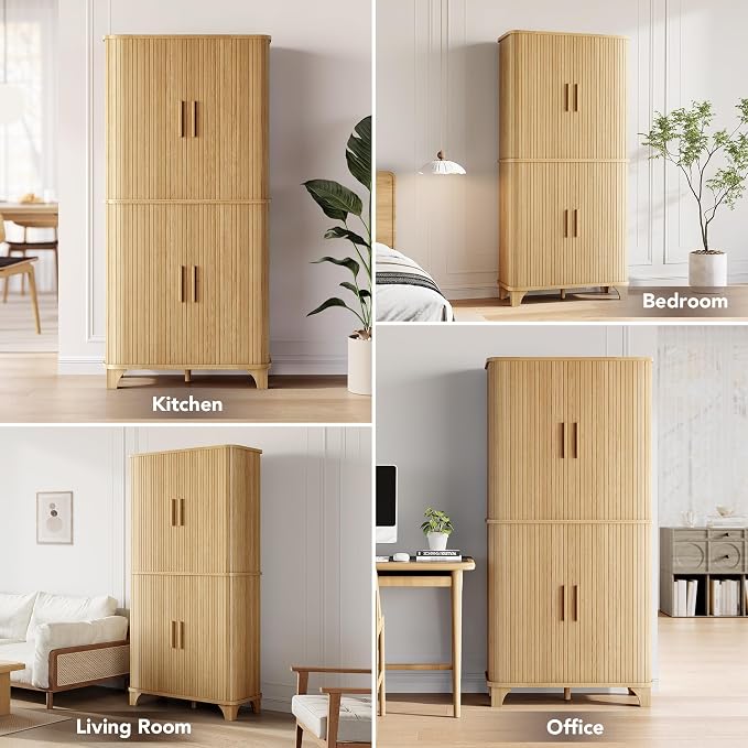 Decofy 69" Tall Kitchen Pantry Storage Cabinet with Sliding Door, Modern Curved Edge Pantry Storage Cabinet with 5 Shelves, Cupboard for the Kitchen, Dining Room, Bedroom, Living Room, Office (Oak)