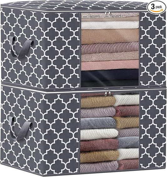 WISELIFE Storage Bags, Large Blanket Clothes Organization and Storage Containers for Bedding, Comforters, Foldable Organizer with Reinforced Handle, Clear Window,Sturdy Zippers,(Grey, 2 x 100L)