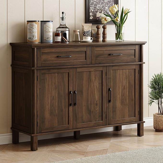 55 Inch Buffet Cabinet with Storage, Farmhouse Sideboard Buffet w/2 Drawers and 3 Doors, Wood Coffee Bar Cabinet with Adjustable Shelves, Sideboard Storage for Kitchen, Living Room, Walnut
