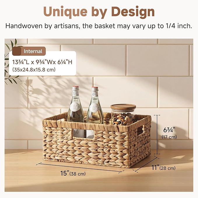 StorageWorks Large Rectangular Wicker Basket, Water Hyacinth Storage Basket with Built-in Handles, 1 Pack