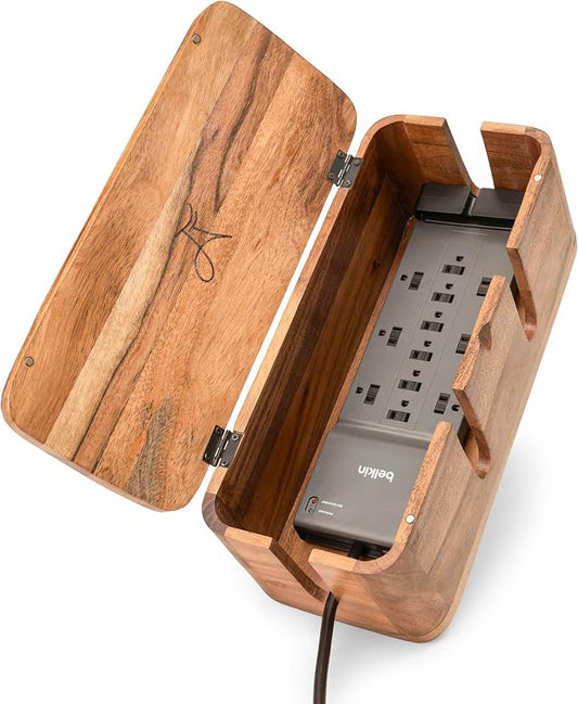Acacia Cable Management Box - Rustic Design (Front Slots, Large) | Acacia Wood, Cable Organizer, Rustic Style, Modern Design, Desktop Storage