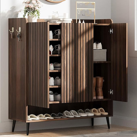 GarveeHome Shoe Cabinet, Large Shoe Cabinet with 3 Doors, Adjustable Shelves, Shoe Organizer with Doors for Hallway, Entryway, Living Room,Nut-Brown