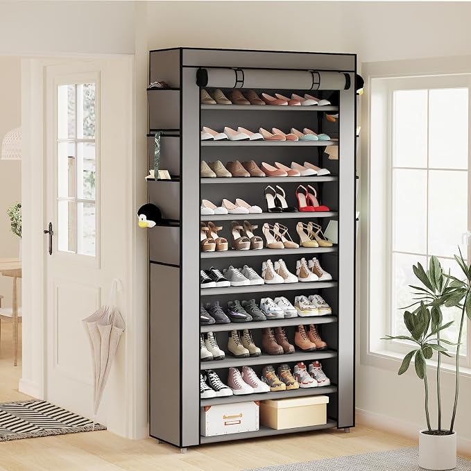 Mavivegue Shoe Rack with Cover, 10+1 Tier Tall Shoe Storage for 50-55 Pairs of Shoes, Shoe Organizer for Entryway, Closet, Garage, Grey
