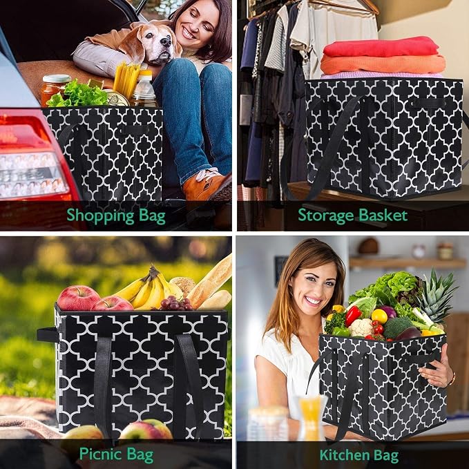 WISELIFE Reusable Grocery Bags 2-Pack Foldable Washable Large Storage Bins Basket Water Resistant Shopping Tote Bag Black
