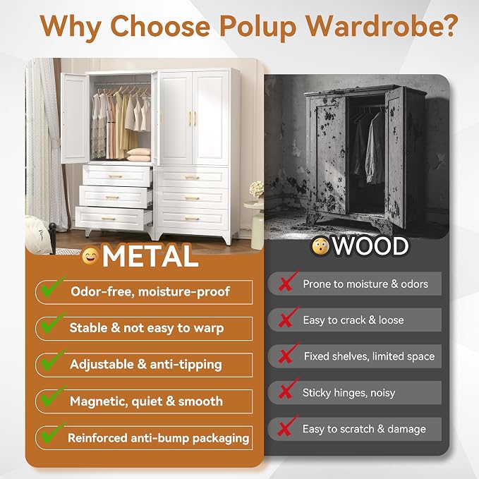 Polup 71" White Metal Armoire Wardrobe Closet with Doors and 3 Drawers | Freestanding Tall Steel Clothing Storage Cabinet, 180lbs Adjustable Shelves, Hanging Rod, for Bedroom, Office, Laundry