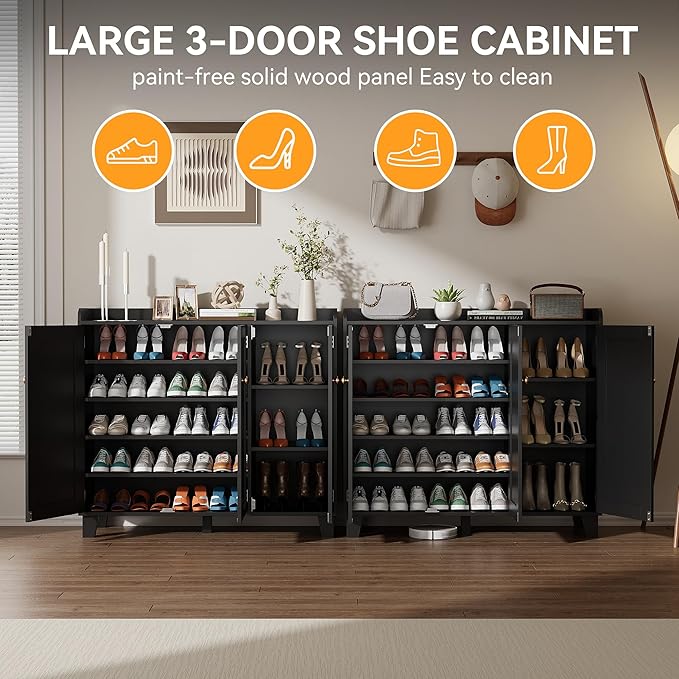 Shoe Storage Cabinet with 3 Doors and Adjustable Shelves，40 Inch Tall Farmhouse Flat-Shelf Wooden Shoe Cabinet，Shoe Rack Shoe Organizer Cabinet for Hallway Entryway Living Room （Black）