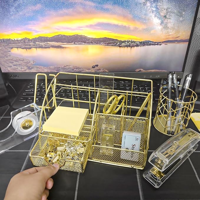 Gold Desk Organizers,Desk Accessories,Office Supplies Set,13PS Set with Acrylic Stapler,Tape Dispenser,Staple Remover,Pen Holder,Clips,Scissor, Phone Holder,Pen
