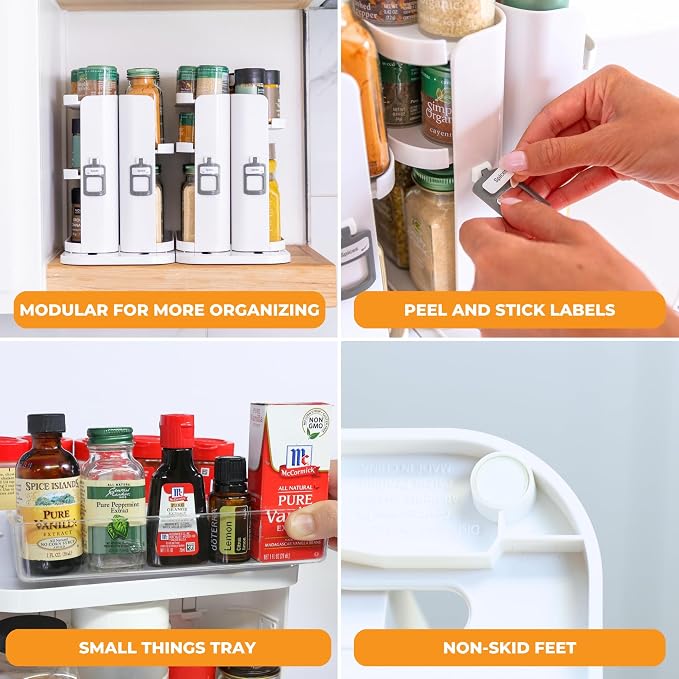 Cabinet Caddy SNAP! Spice Rack Organizer for Cabinet - Slide & Rotate Seasoning Organizer - 4 Snap-In Adjustable Shelves for 5 Tier of Storage - Magnetic Modular Design - 8.9”H x 6.1”W x 10.8”D