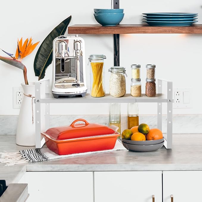 Across-Star Expandable Cabinet Shelf Organizer Rack, Stackable Kitchen Counter Storage Shelves Stand, Adjustable Height Pantry Shelf Spice Rack (White, 1 Pack)