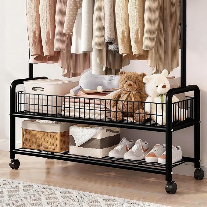 MYUPDALIN Clothes Rack with Shelves, Clothing Rack with Wheels, Multifunctional Hangers with Storage Baskets and Shoe Racks, Ideal for Bedrooms and Living Rooms (Black, Bold 90cm/35in)