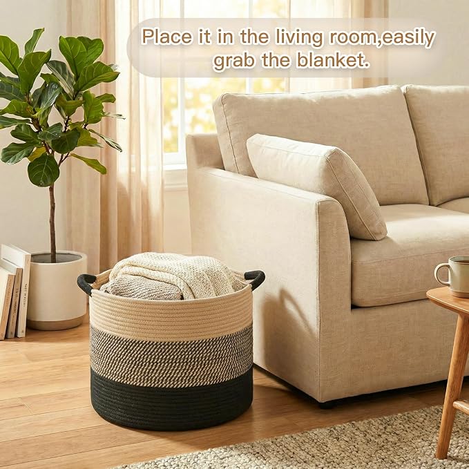 Artfeel 70L Large Cotton Rope Basket, Decorative Woven Blanket Storage for Living Room, Boho Toy Storage & Toy Box for Kids, Versatile Laundry Basket & Nursery Hamper for Blankets(BlackBrown)