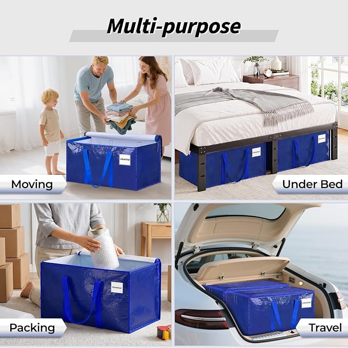 8 Pack Extra Large Clothes Storage Bins with Lids, Storage Bags with Reinforced Handles & Heavy-Duty Zippers, Moving Bags, Moving Boxes Totes for Clothes Packing, Dorms, College Supplies, Blue