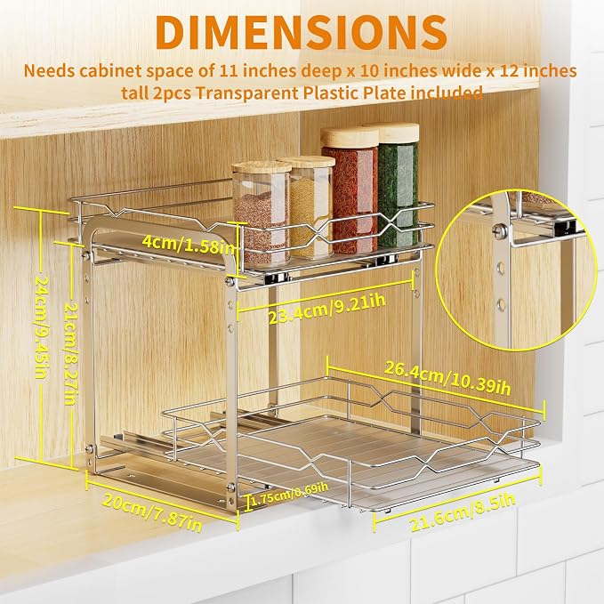 RCHYFEED Pull Out Spice Rack, 2 Tier Height Adjustable Vertical Spice Rack | Chrome,Tape or Screw Mount Available, Heavy Duty Sliding Spice Rack 9.2W x 10.4D x 9.8H, Fits Cabinets with or without Lip